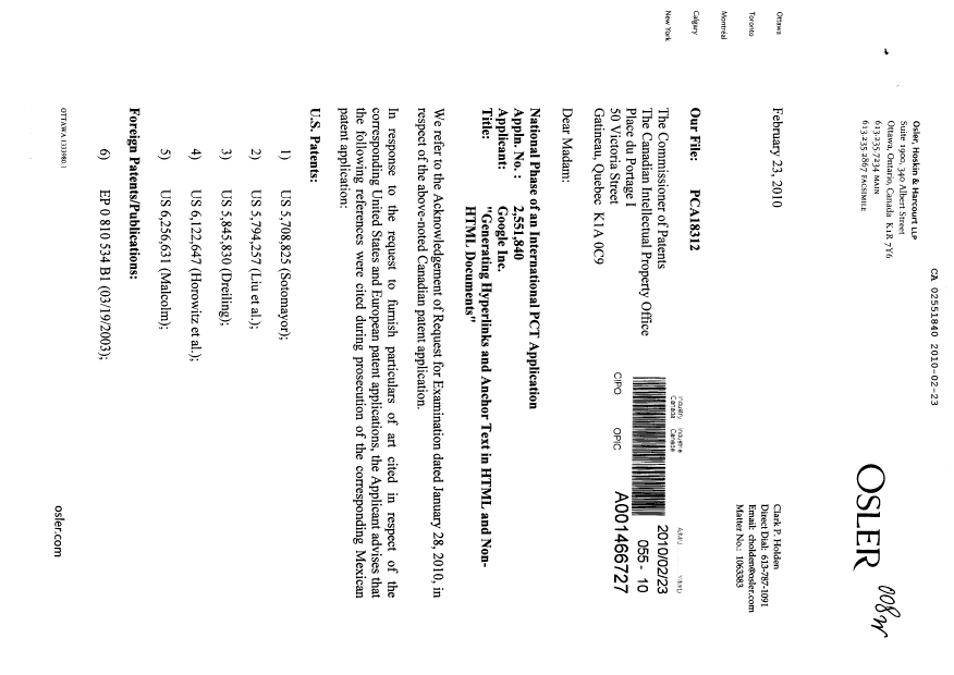 Document de brevet canadien 2551840. Poursuite-Amendment 20100223. Image 1 de 2