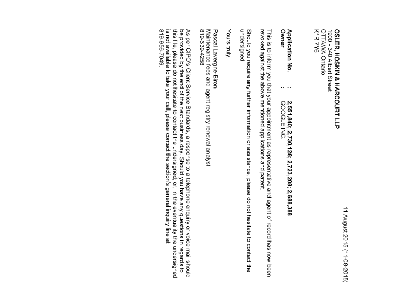 Document de brevet canadien 2551840. Lettre du bureau 20150811. Image 1 de 1