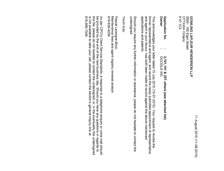 Document de brevet canadien 2551840. Lettre du bureau 20150811. Image 1 de 21