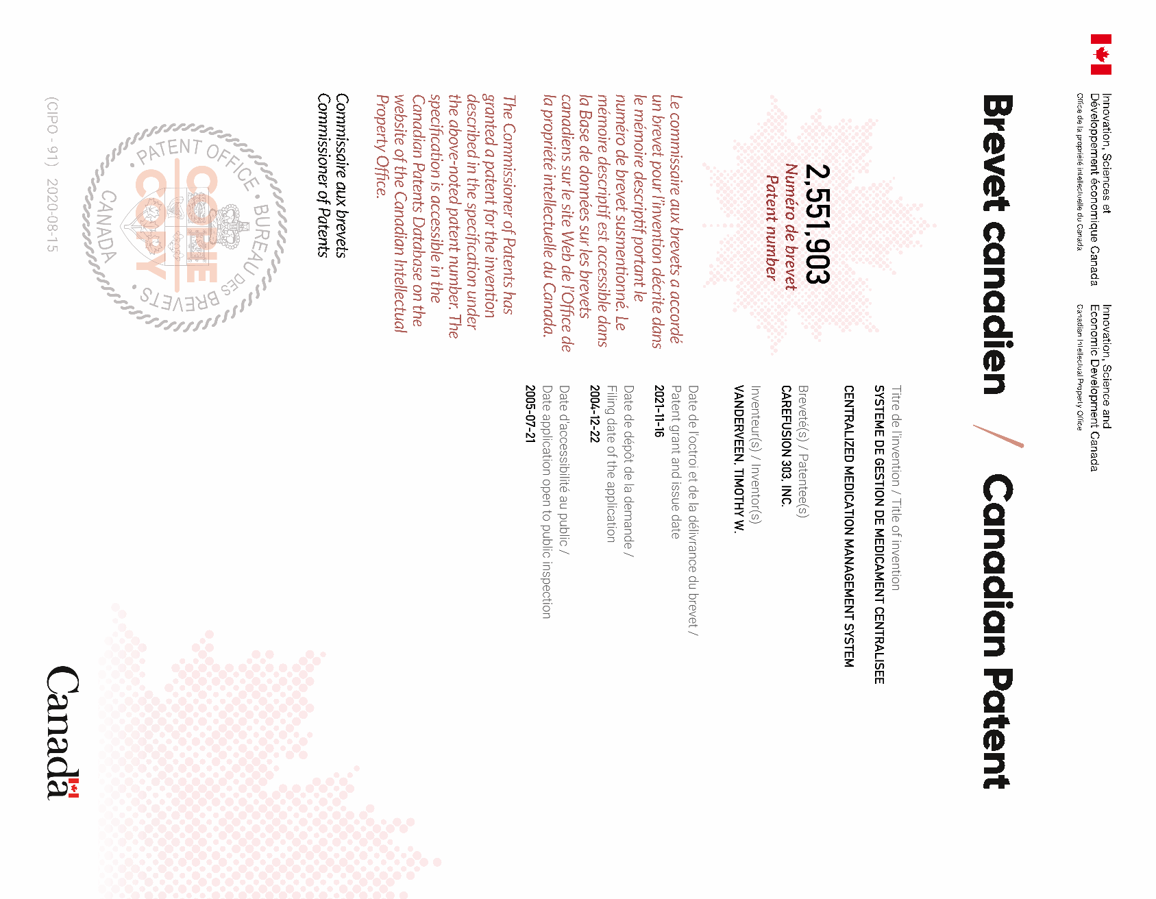 Canadian Patent Document 2551903. Electronic Grant Certificate 20211116. Image 1 of 1