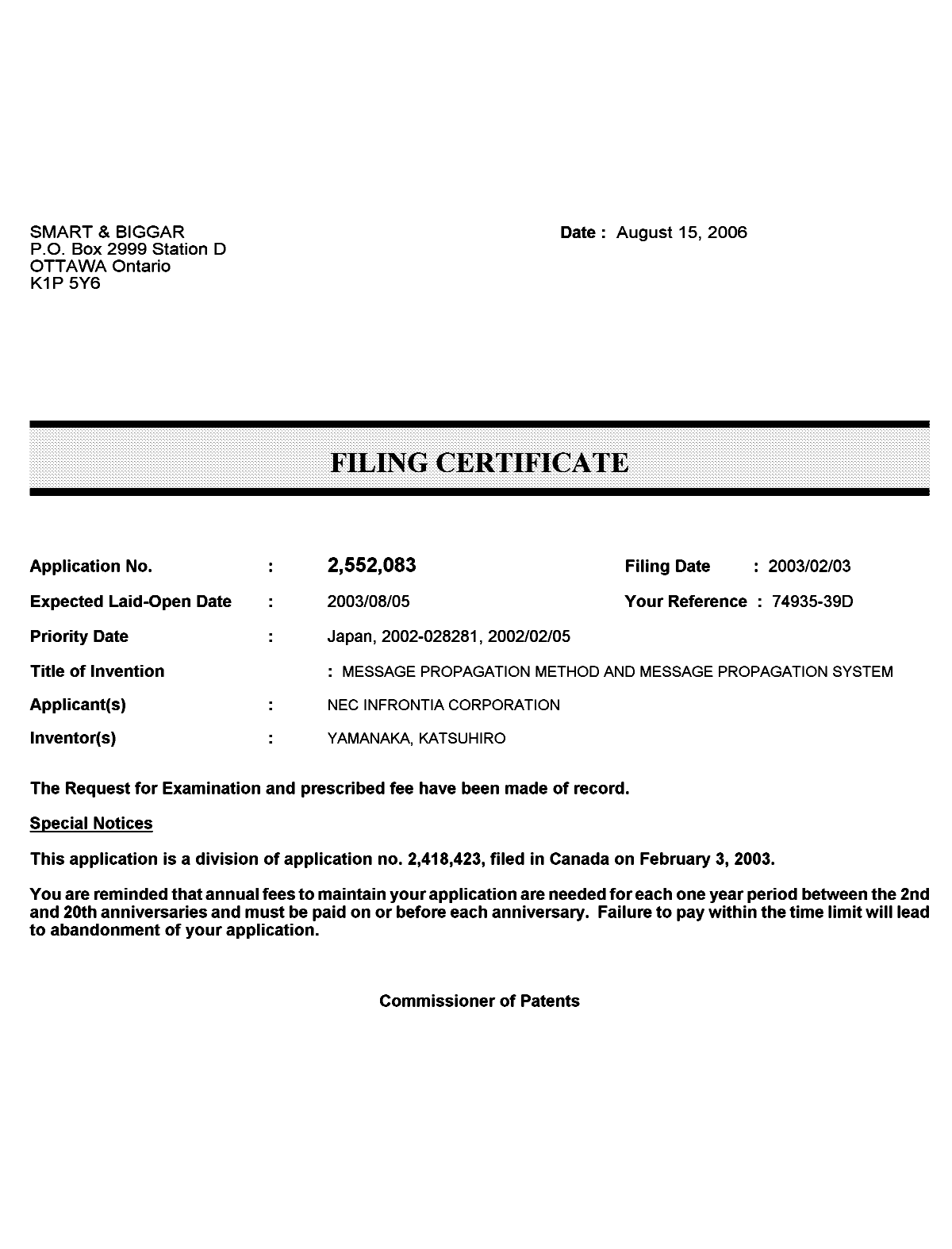 Document de brevet canadien 2552083. Correspondance 20060810. Image 1 de 1