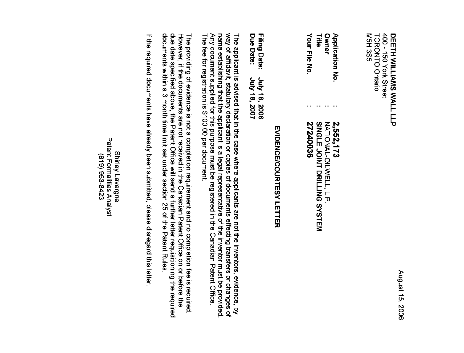 Canadian Patent Document 2552173. Correspondence 20060810. Image 1 of 1