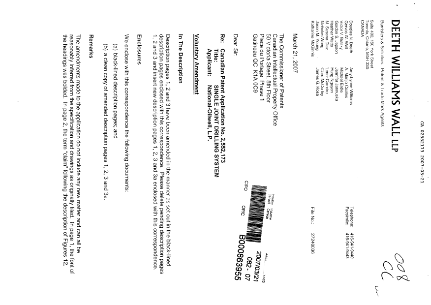 Document de brevet canadien 2552173. Poursuite-Amendment 20070321. Image 1 de 10
