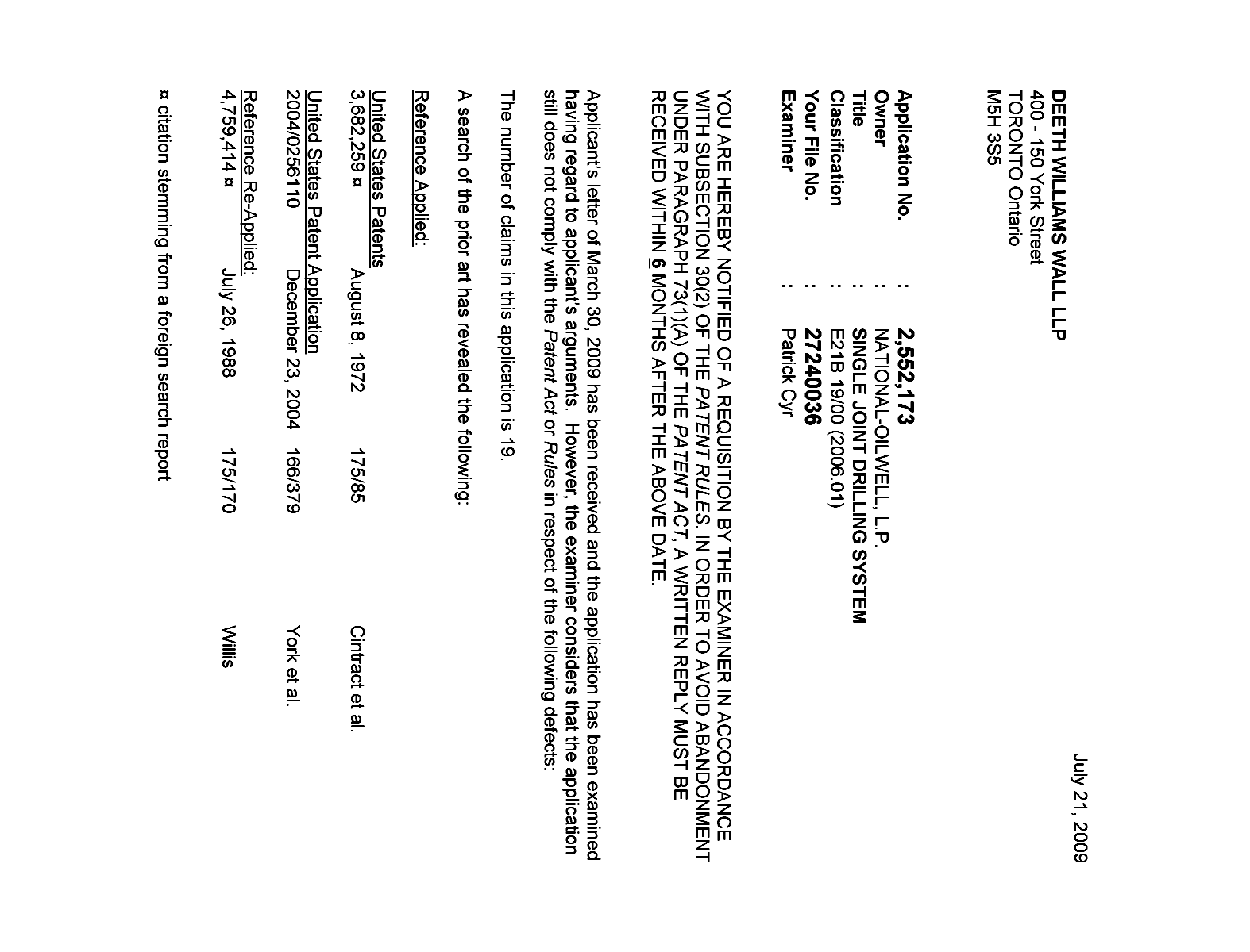Canadian Patent Document 2552173. Prosecution-Amendment 20090721. Image 1 of 4