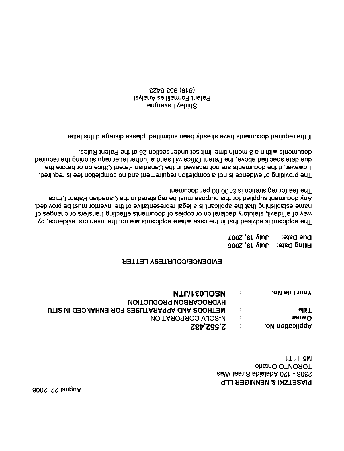 Document de brevet canadien 2552482. Correspondance 20051215. Image 1 de 1