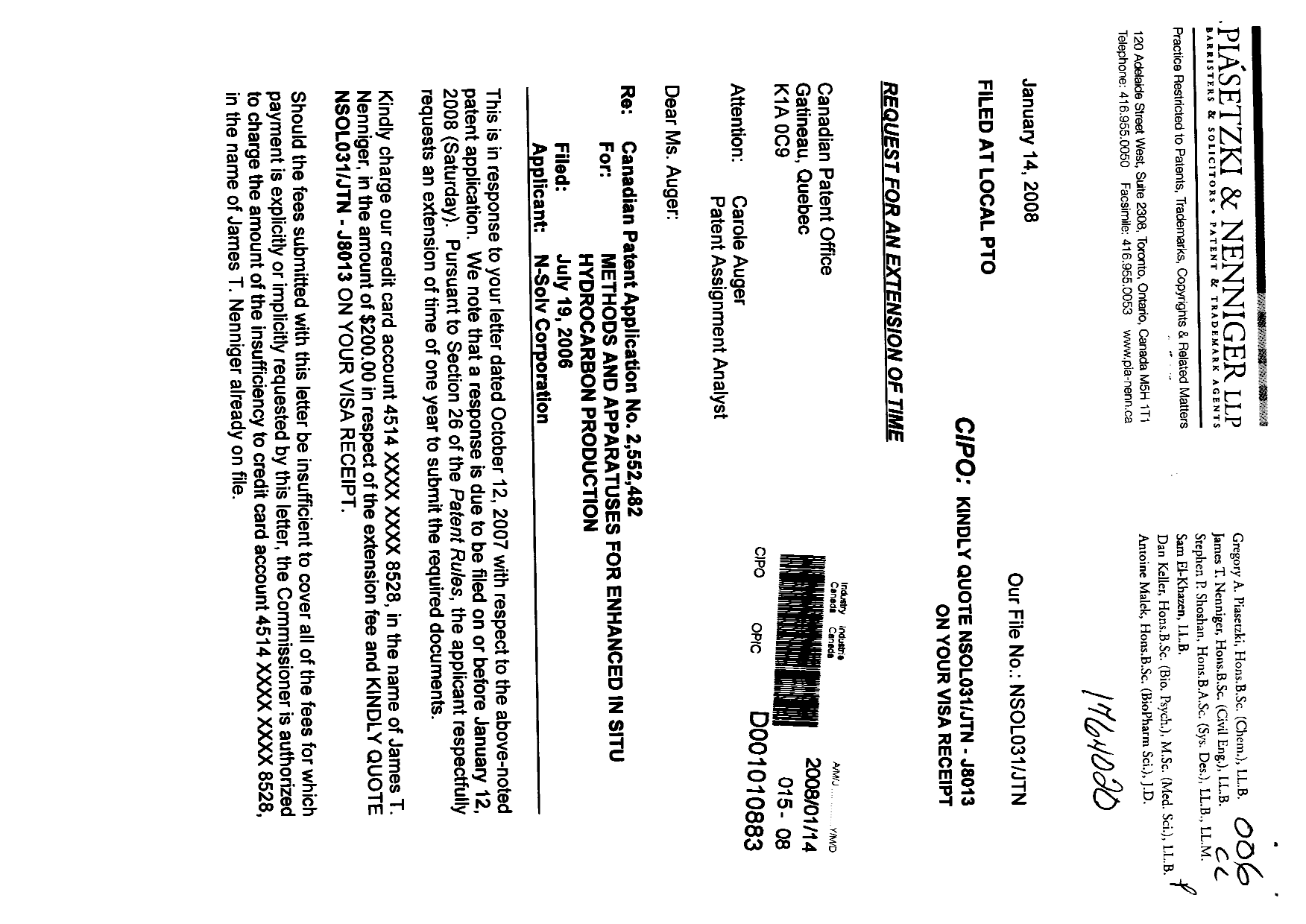 Canadian Patent Document 2552482. Correspondence 20071214. Image 1 of 2
