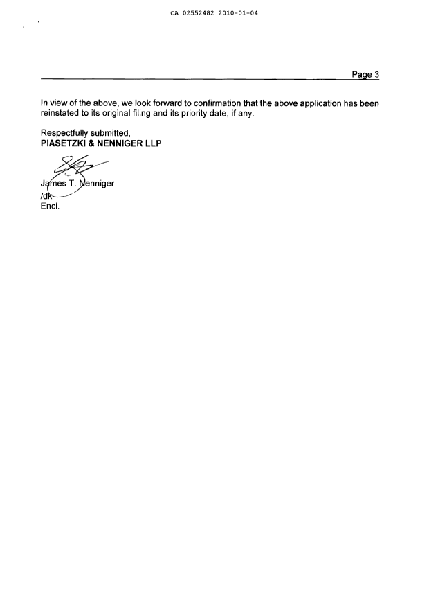 Document de brevet canadien 2552482. Correspondance 20091204. Image 3 de 9