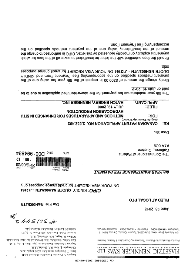 Document de brevet canadien 2552482. Taxes 20120628. Image 1 de 2