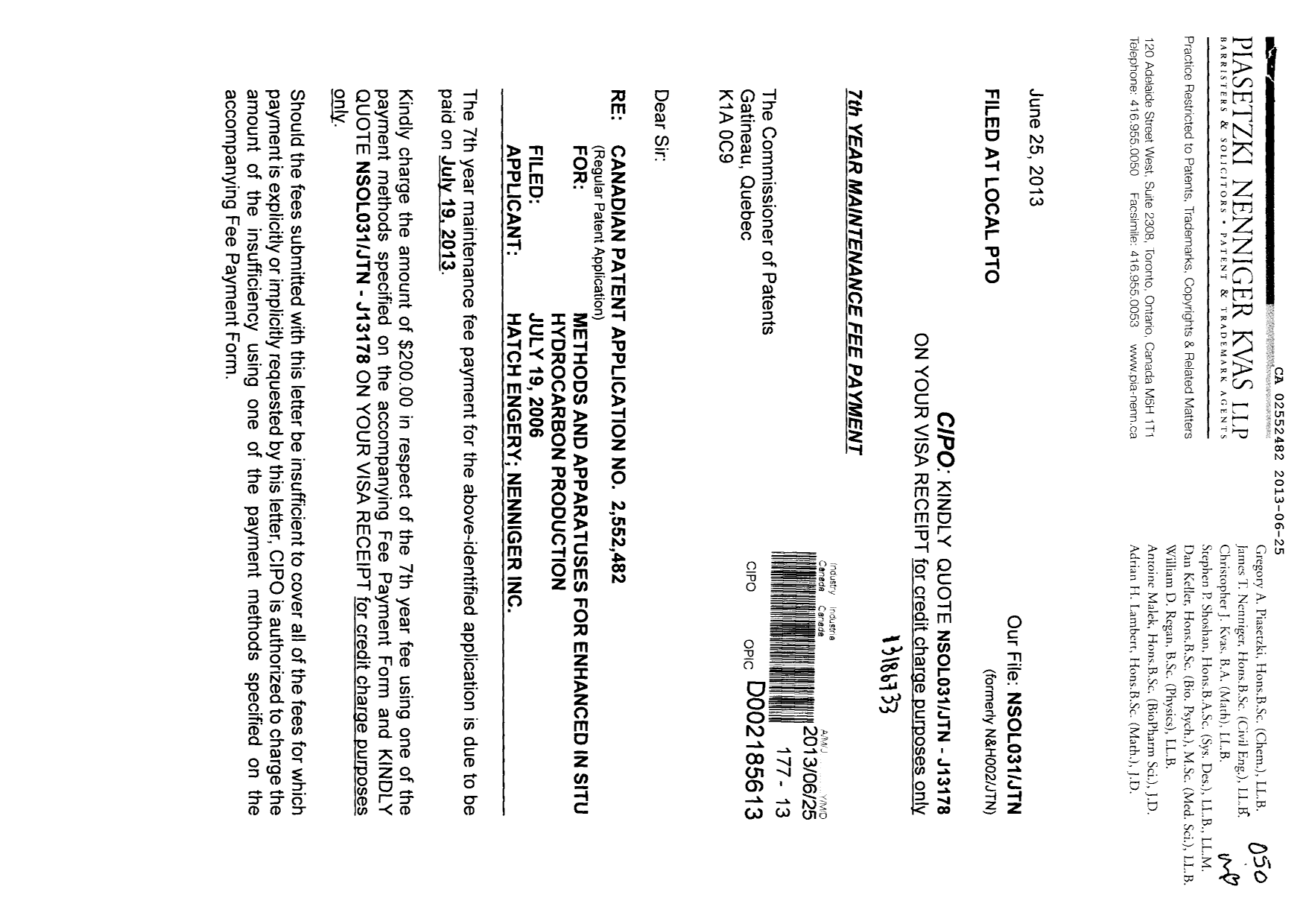 Canadian Patent Document 2552482. Fees 20121225. Image 1 of 2