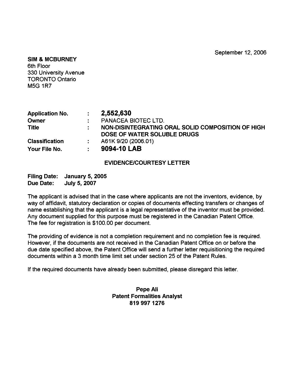 Document de brevet canadien 2552630. Correspondance 20060908. Image 1 de 1
