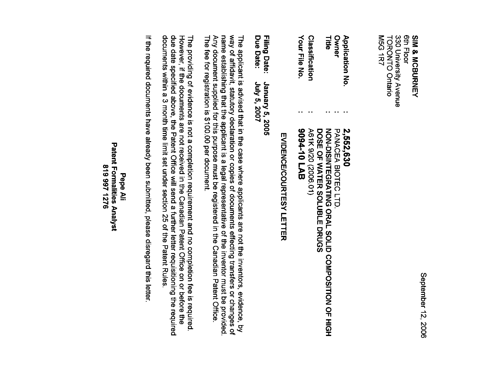 Canadian Patent Document 2552630. Correspondence 20060908. Image 1 of 1