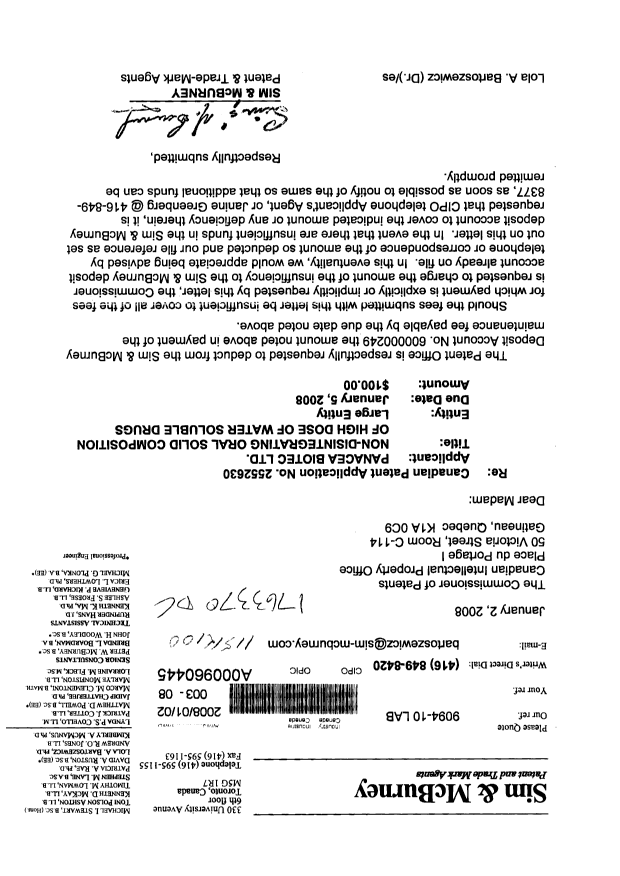 Canadian Patent Document 2552630. Fees 20080102. Image 1 of 1