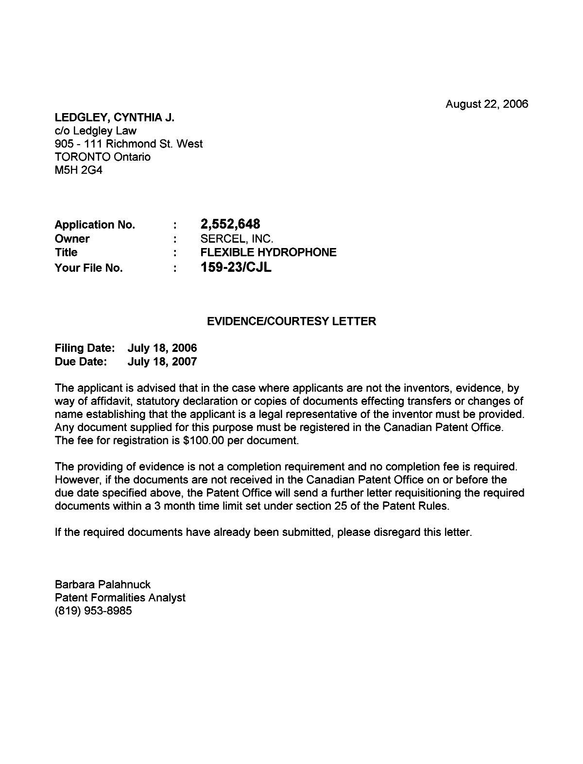 Document de brevet canadien 2552648. Correspondance 20060818. Image 1 de 1
