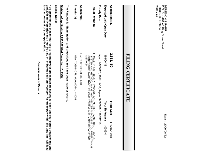 Document de brevet canadien 2553150. Correspondance 20060822. Image 1 de 1