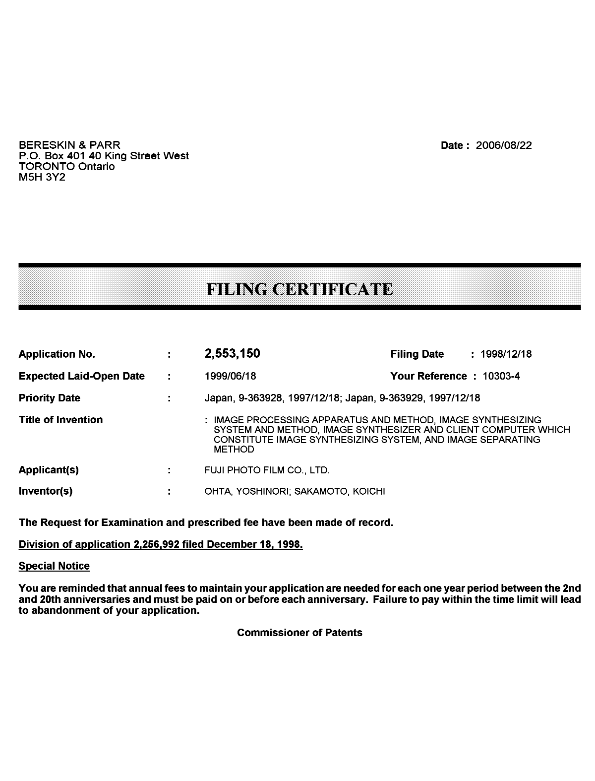 Document de brevet canadien 2553150. Correspondance 20060822. Image 1 de 1