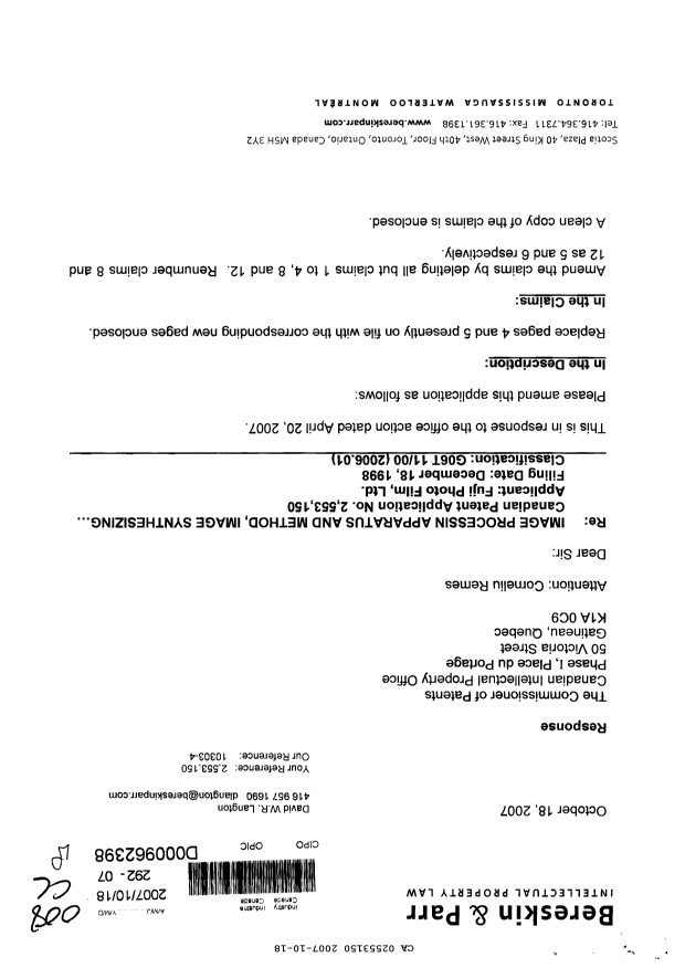 Canadian Patent Document 2553150. Prosecution-Amendment 20071018. Image 1 of 6