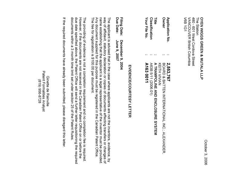 Document de brevet canadien 2553767. Correspondance 20060928. Image 1 de 1