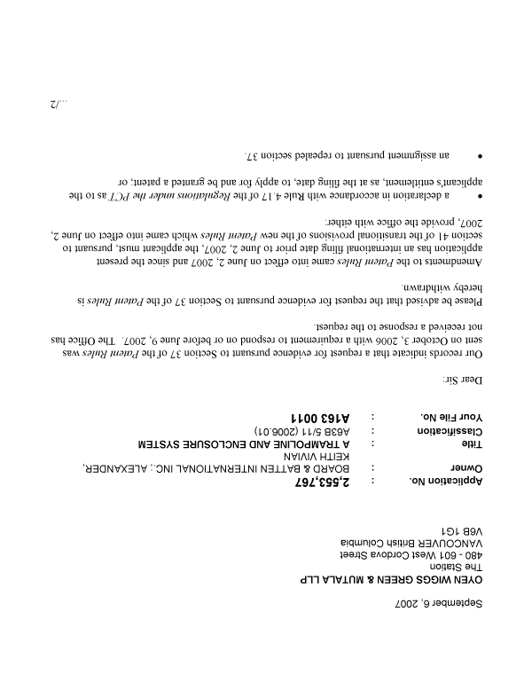 Canadian Patent Document 2553767. Correspondence 20070906. Image 1 of 2