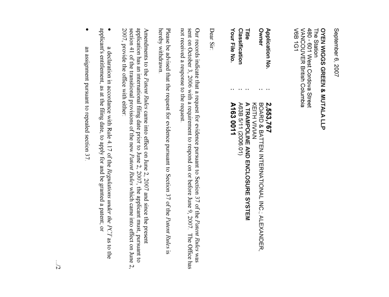 Document de brevet canadien 2553767. Correspondance 20070906. Image 1 de 2