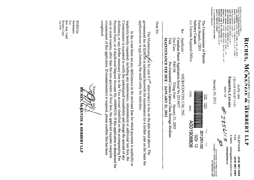 Document de brevet canadien 2553837. Taxes 20120120. Image 1 de 1