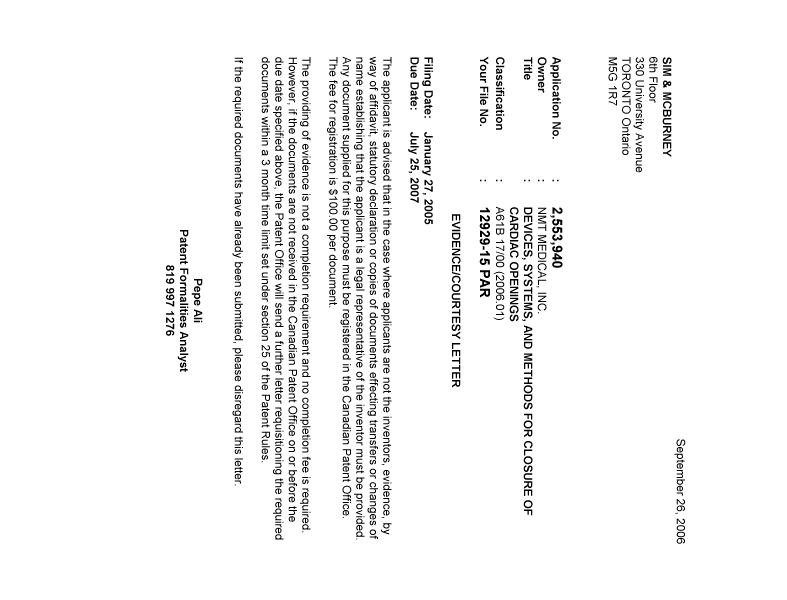 Document de brevet canadien 2553940. Correspondance 20060920. Image 1 de 1