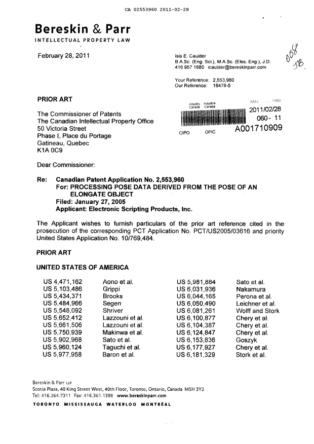 Canadian Patent Document 2553960. Prosecution-Amendment 20110228. Image 1 of 4