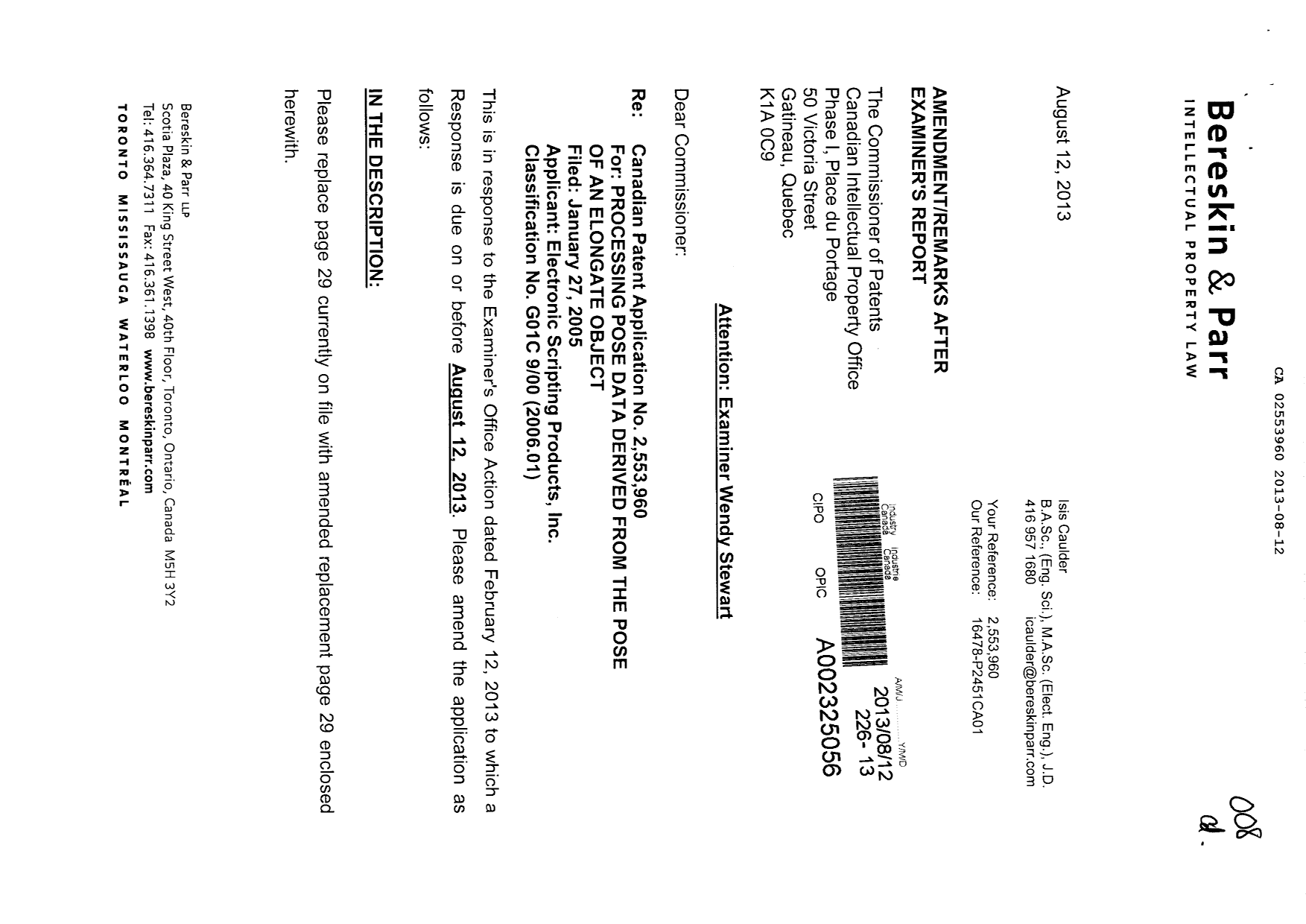 Document de brevet canadien 2553960. Poursuite-Amendment 20121212. Image 1 de 12