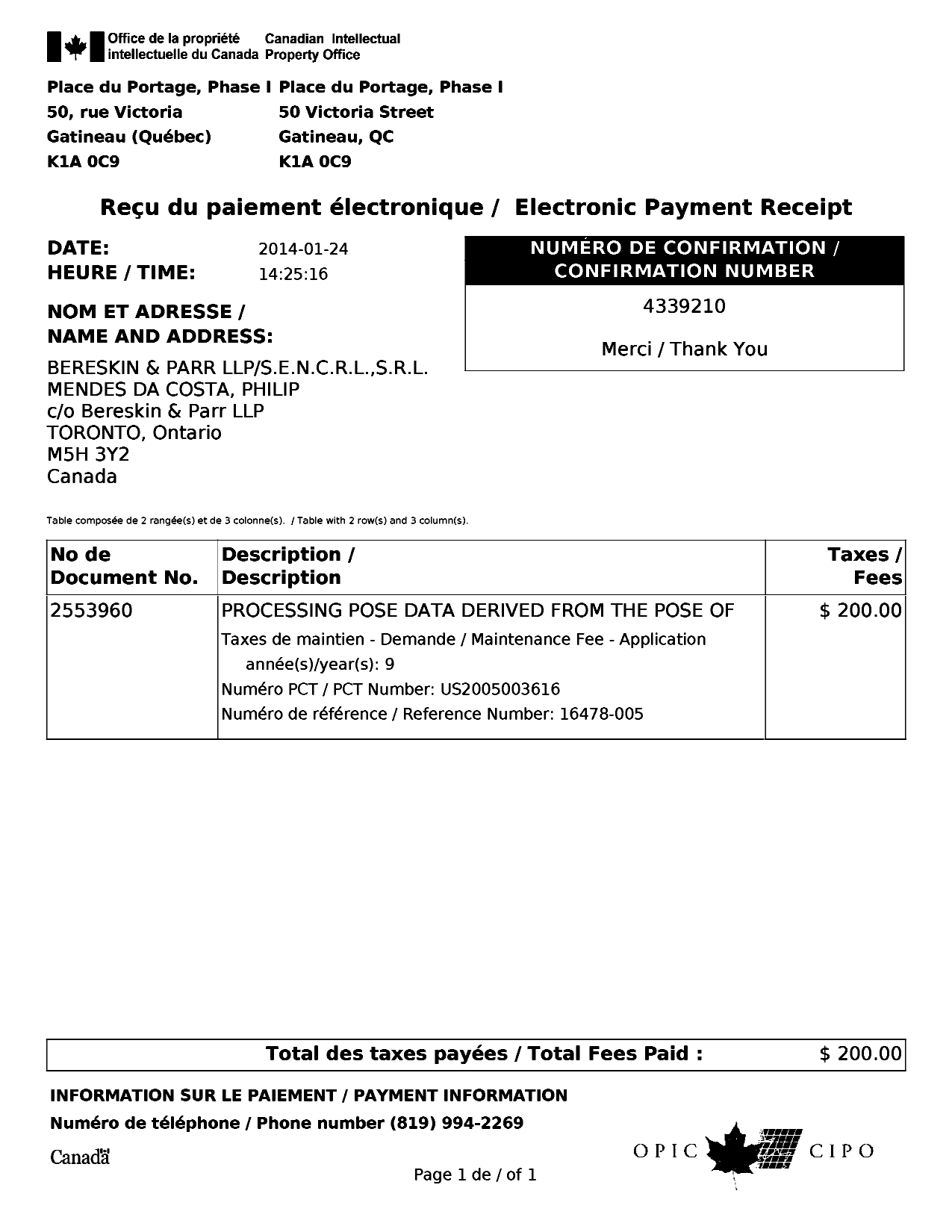 Document de brevet canadien 2553960. Taxes 20140124. Image 1 de 1