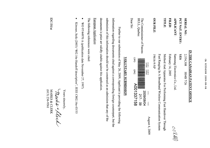 Document de brevet canadien 2554308. Poursuite-Amendment 20090804. Image 1 de 1