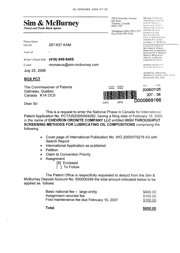 Document de brevet canadien 2554384. Cession 20060725. Image 1 de 4