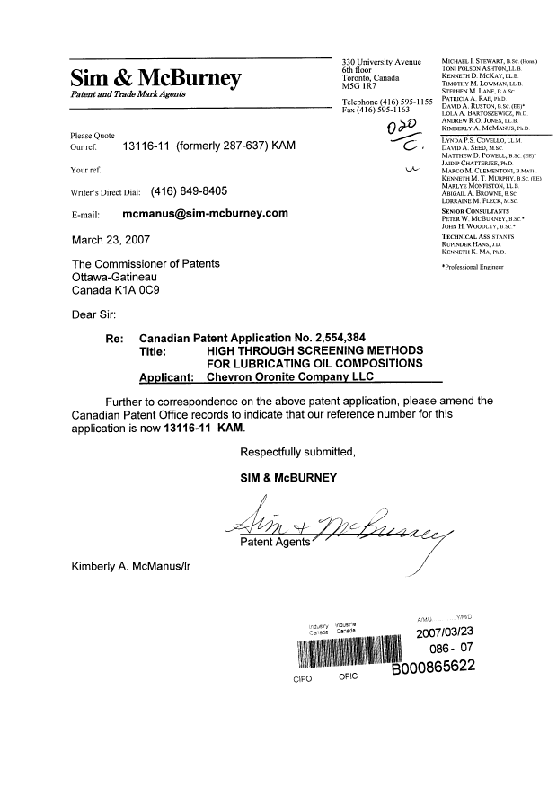 Canadian Patent Document 2554384. Correspondence 20070323. Image 1 of 1
