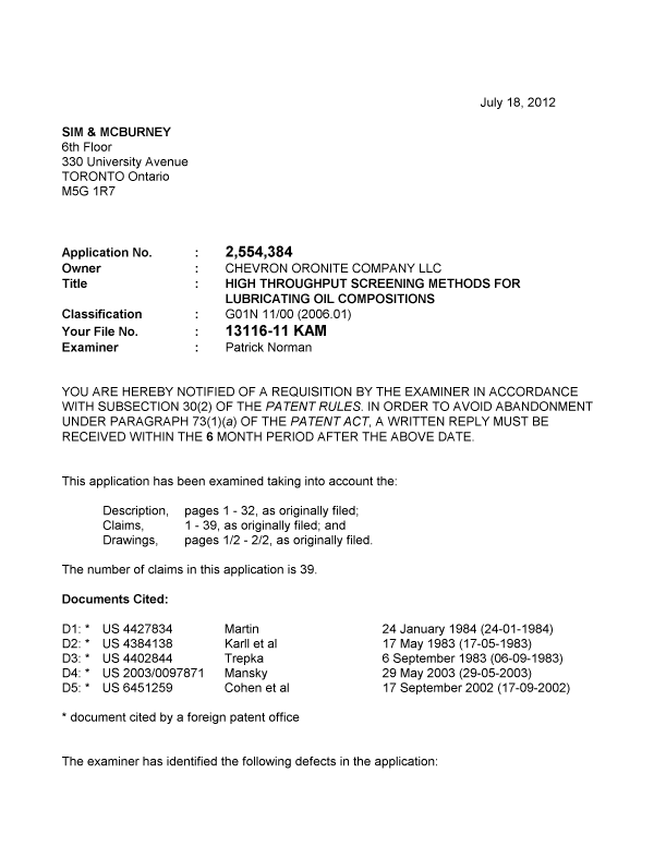 Canadian Patent Document 2554384. Prosecution-Amendment 20120718. Image 1 of 3