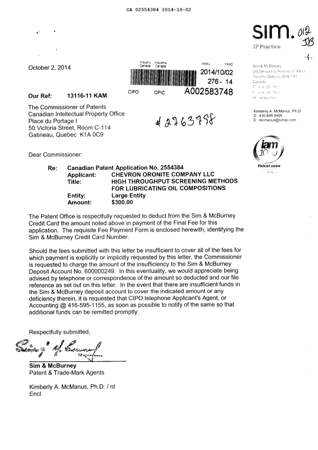Document de brevet canadien 2554384. Correspondance 20141002. Image 1 de 1