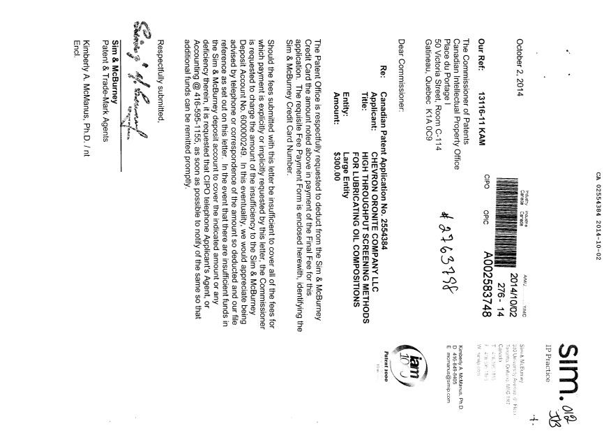 Canadian Patent Document 2554384. Correspondence 20141002. Image 1 of 1