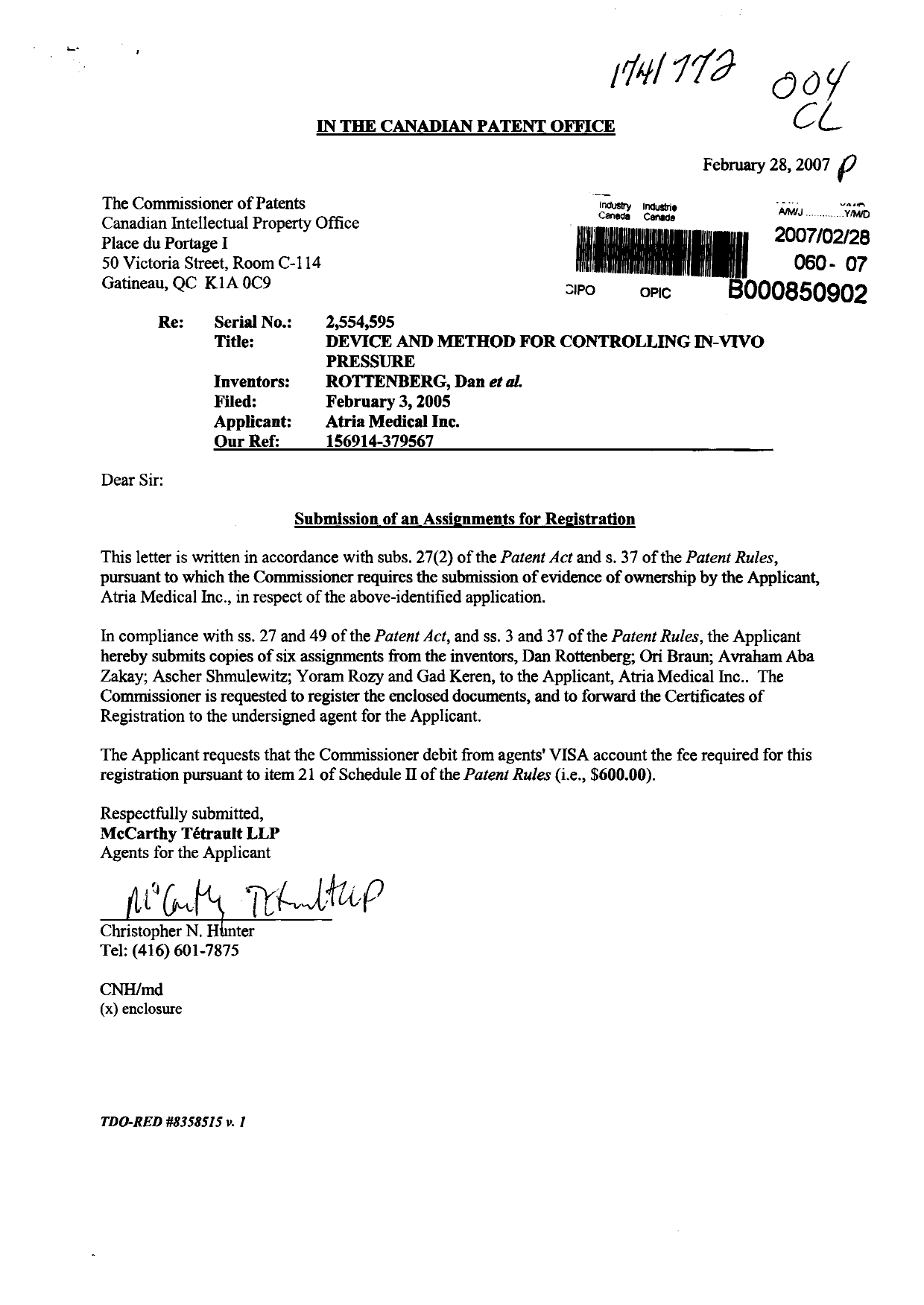Document de brevet canadien 2554595. Cession 20070228. Image 1 de 7