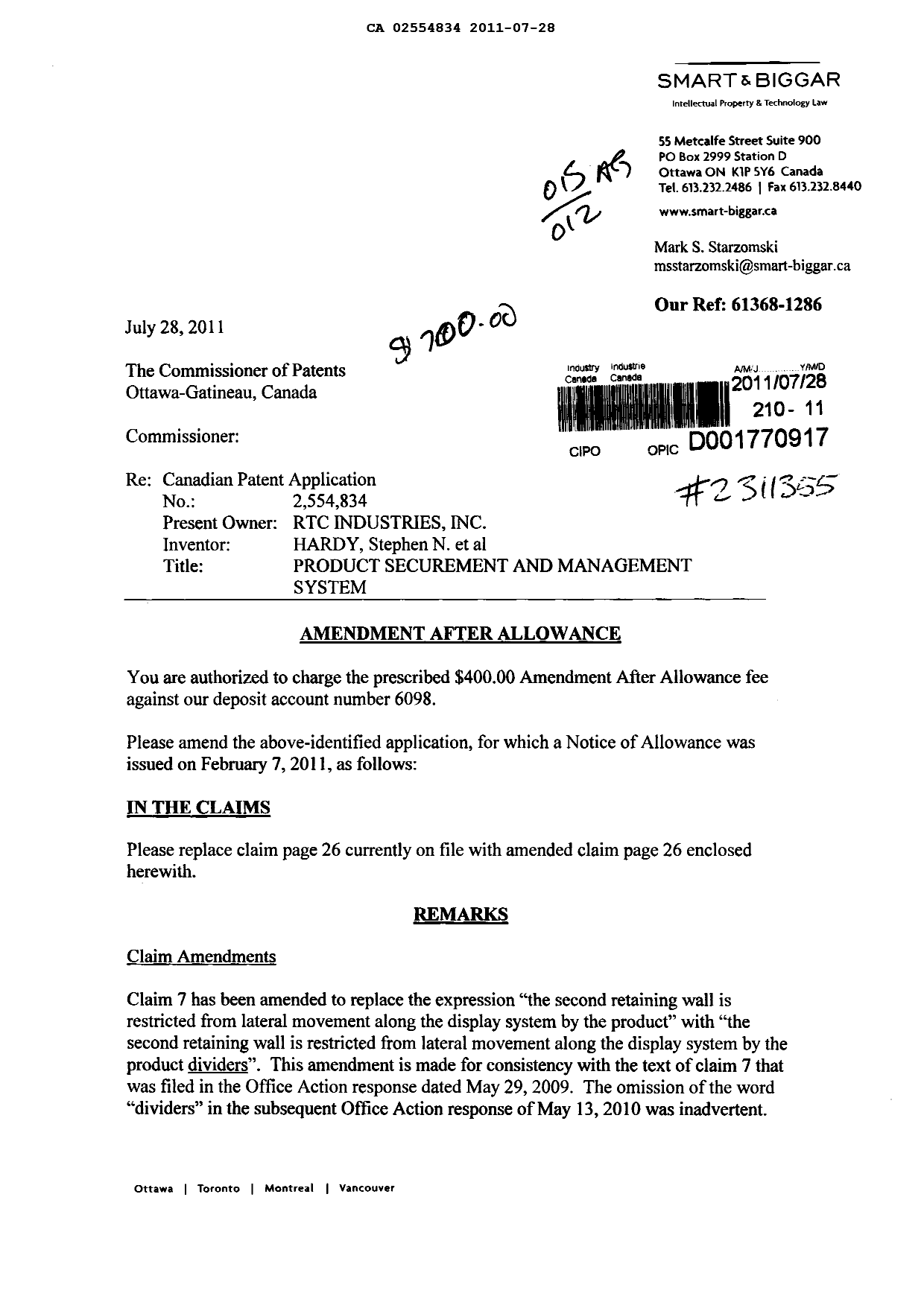 Document de brevet canadien 2554834. Correspondance 20110728. Image 1 de 3