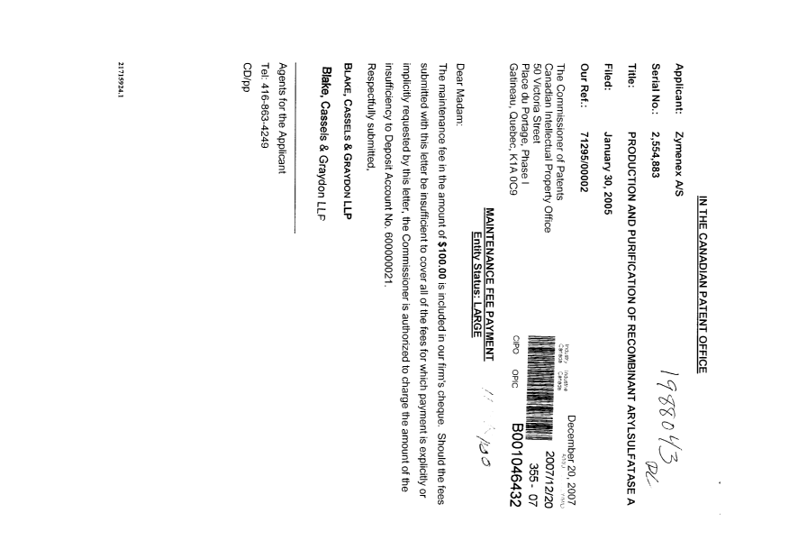 Document de brevet canadien 2554883. Taxes 20071220. Image 1 de 1