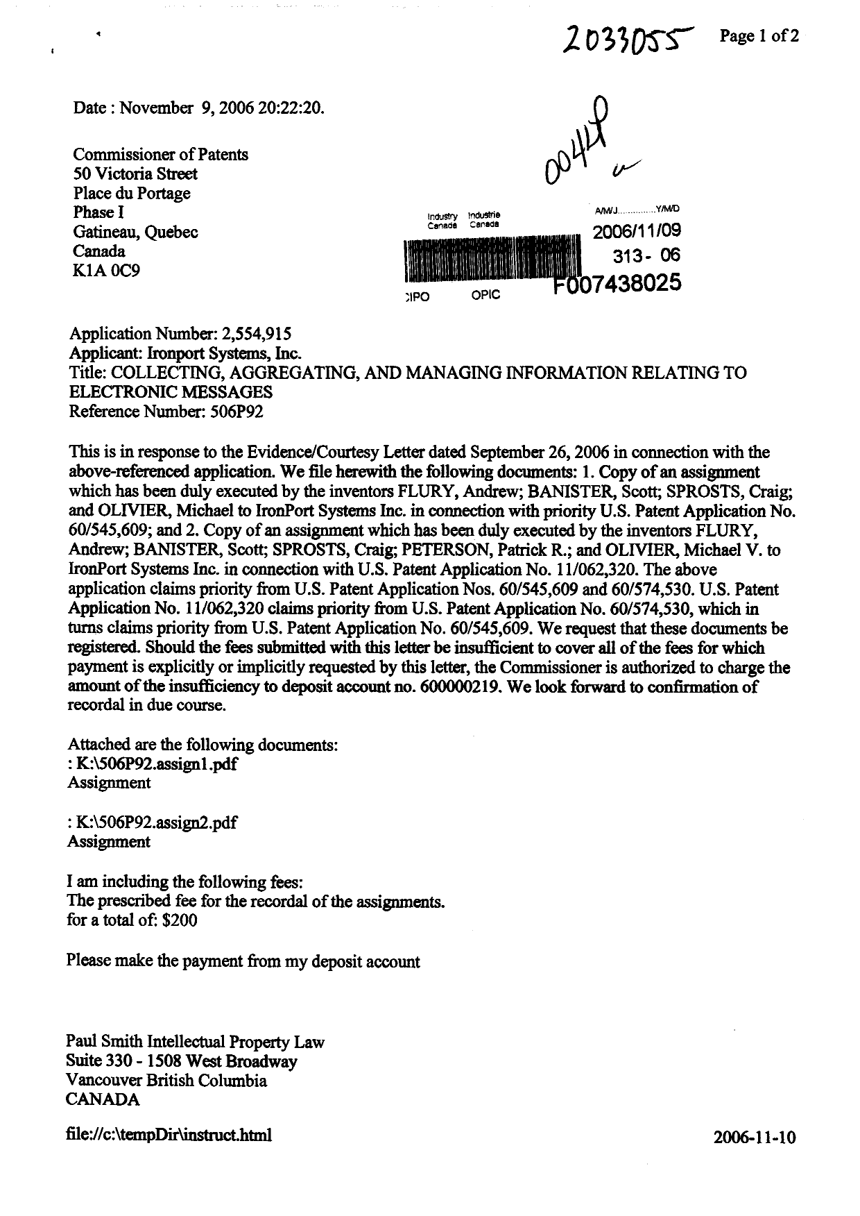 Document de brevet canadien 2554915. Cession 20061109. Image 1 de 13
