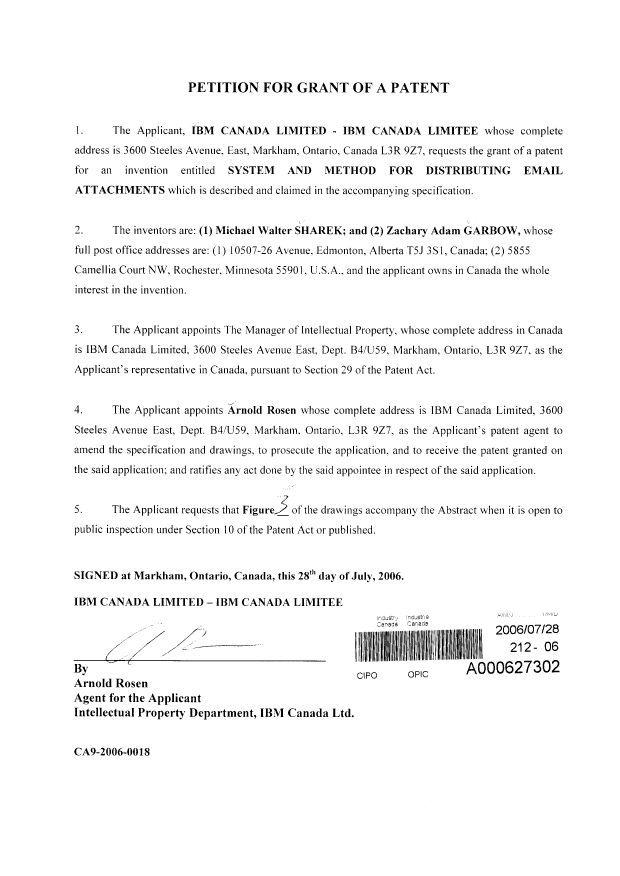 Document de brevet canadien 2554991. Cession 20060728. Image 2 de 2
