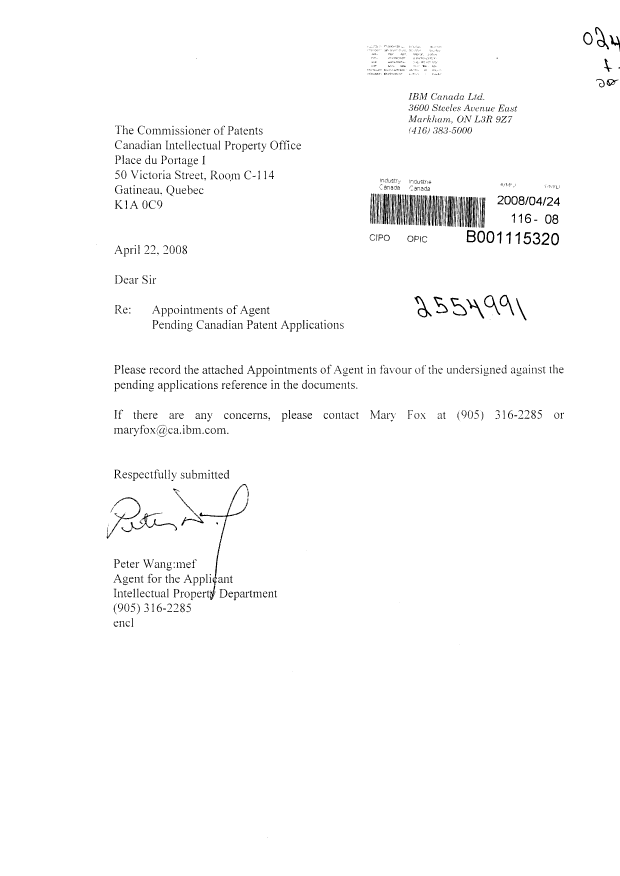 Document de brevet canadien 2554991. Correspondance 20080424. Image 1 de 2