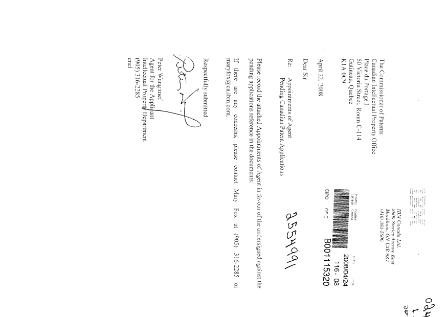 Document de brevet canadien 2554991. Correspondance 20080424. Image 1 de 2