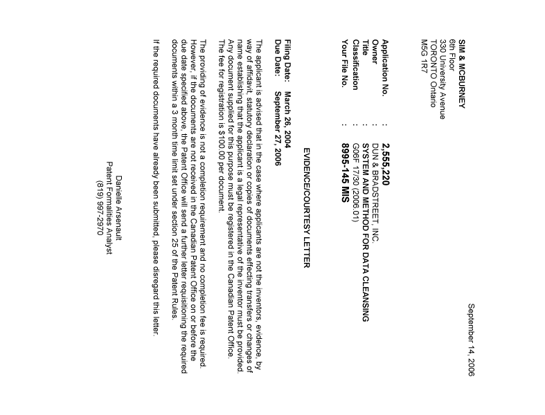 Document de brevet canadien 2555220. Correspondance 20060913. Image 1 de 1