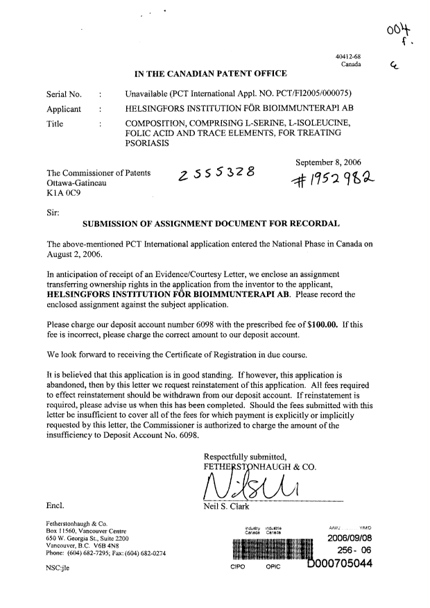 Canadian Patent Document 2555328. Assignment 20060908. Image 1 of 2