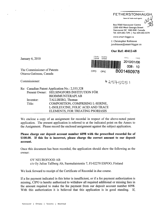 Canadian Patent Document 2555328. Assignment 20100106. Image 1 of 4