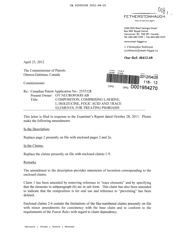 Canadian Patent Document 2555328. Prosecution-Amendment 20120425. Image 1 of 7