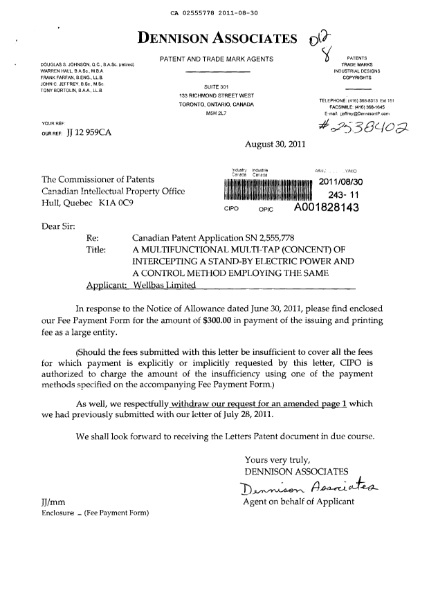 Canadian Patent Document 2555778. Correspondence 20110830. Image 1 of 1