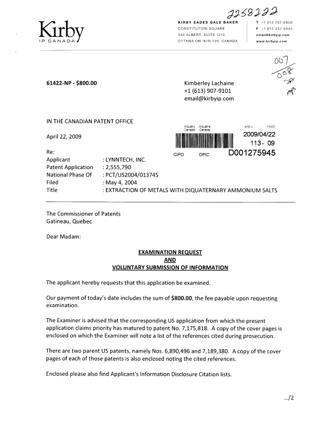 Canadian Patent Document 2555790. Prosecution-Amendment 20090422. Image 1 of 2