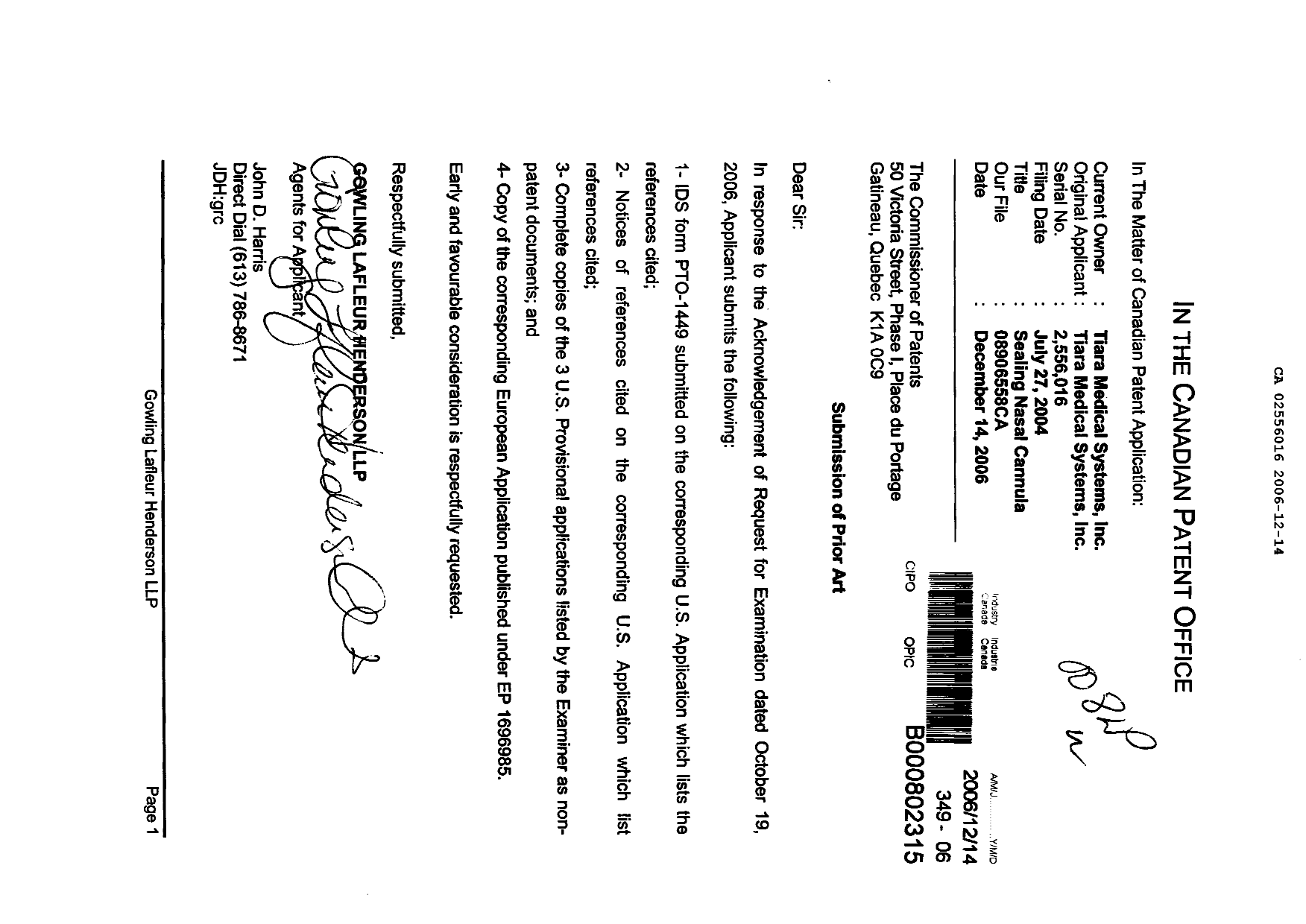 Canadian Patent Document 2556016. Prosecution-Amendment 20061214. Image 1 of 1