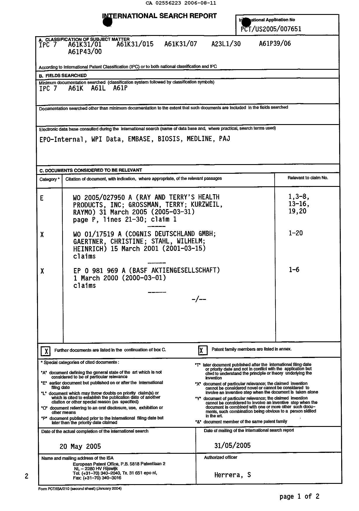 Document de brevet canadien 2556223. PCT 20051211. Image 1 de 3