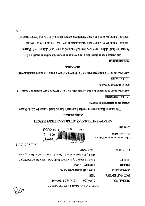 Document de brevet canadien 2556266. Poursuite-Amendment 20120221. Image 1 de 14